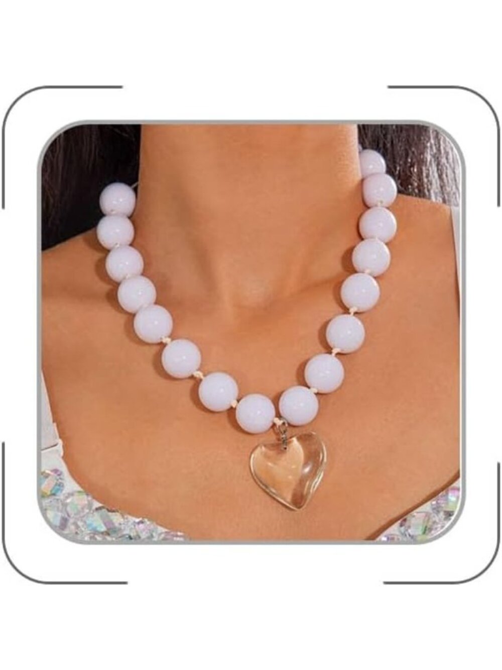 Women's White Clear Chunky Beaded Heart Pendant Necklace Trendy Y2k Choker Gift